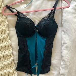Teal and Black Lace Bustier Corset Top - Women Intimates
